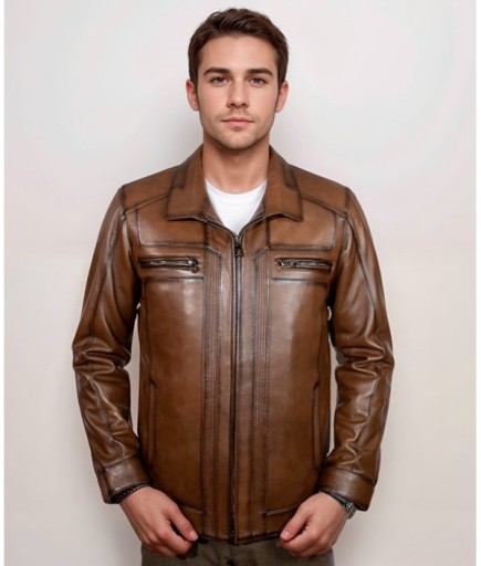 Erkek Spor Deri Mont - Taba