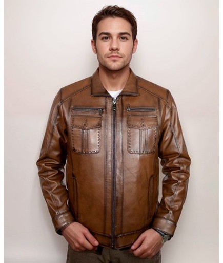 Erkek Spor Deri Mont - Taba