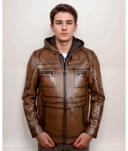 Erkek Kapüşonlu Spor Deri Mont - Taba